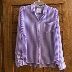 Striped Button Front, Long Sleeve Blouse, Large